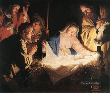  Pastores Pintura - Adoración de los pastores durante la noche a la luz de las velas Gerard van Honthorst